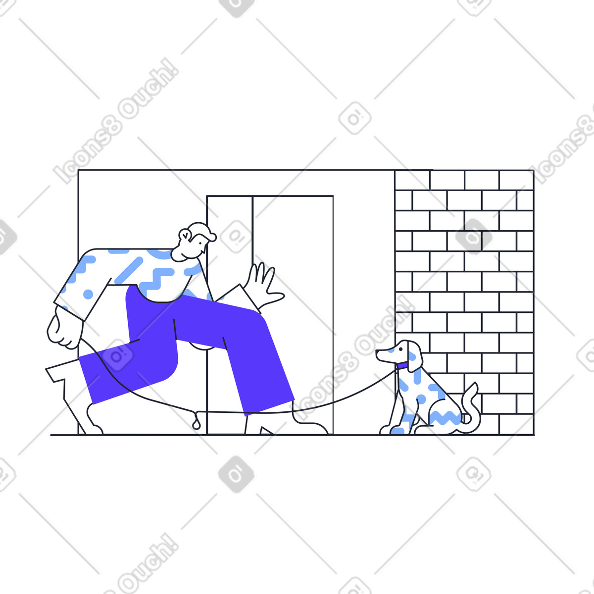 Leaving home with dog on leash, Logged out or disconnect moment illustrazione in stile Pablita scarica in PNG, SVG