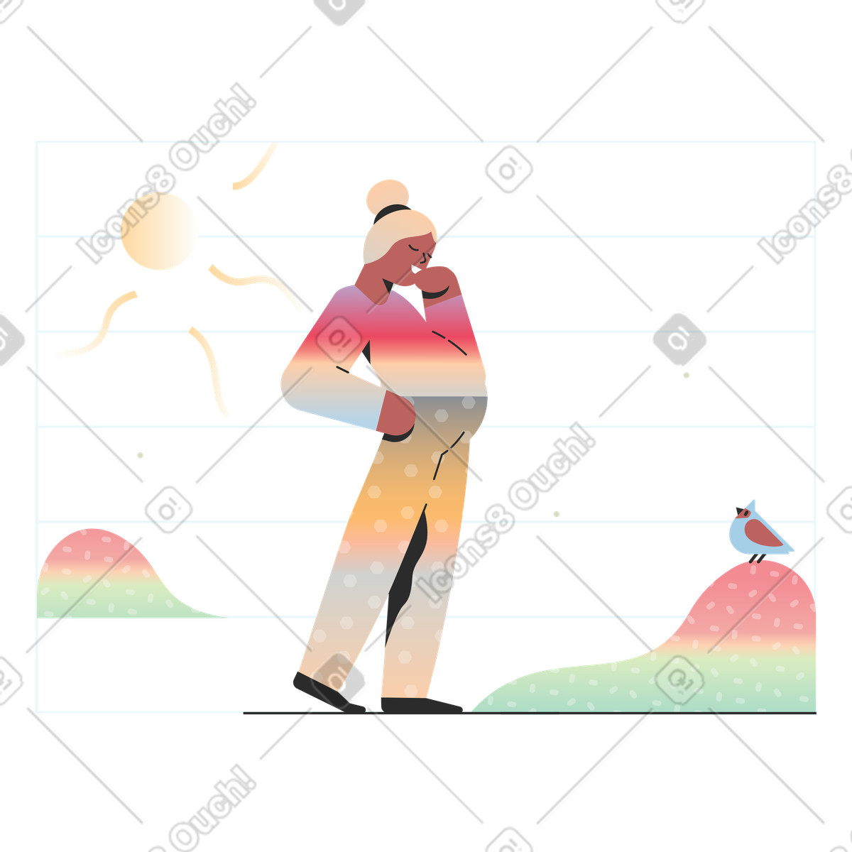 Illustration Femme enceinte regardant un oiseau dans le style Marginalia à télécharger aux formats PNG, SVG