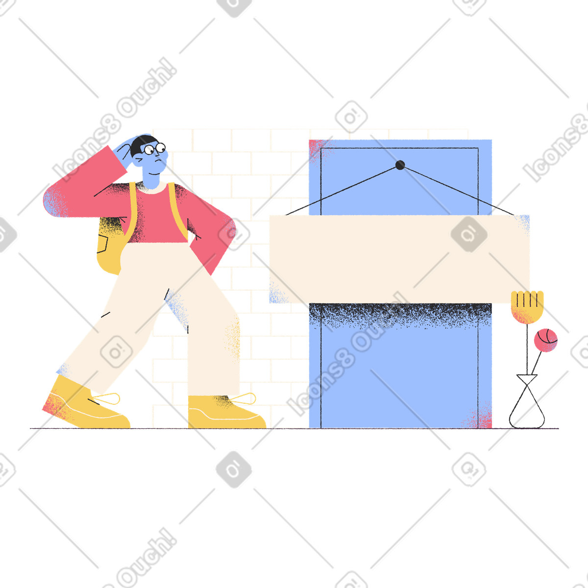 Student waiting at closed door with sign, Unavailable service or return later message-Illustration im Pablo-Stil als Download in PNG, SVG