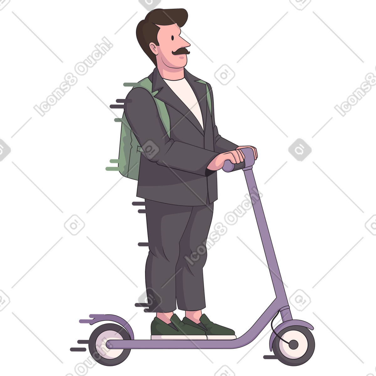 Un uomo vestito di grigio corre veloce su uno scooter elettrico illustrazione in stile Eastwood scarica in PNG, SVG