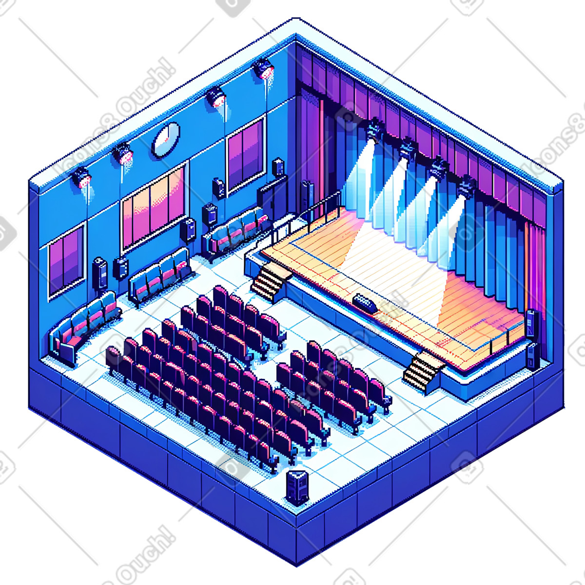 Isometric pixel concert hall illustration in Rooms style download in PNG, SVG