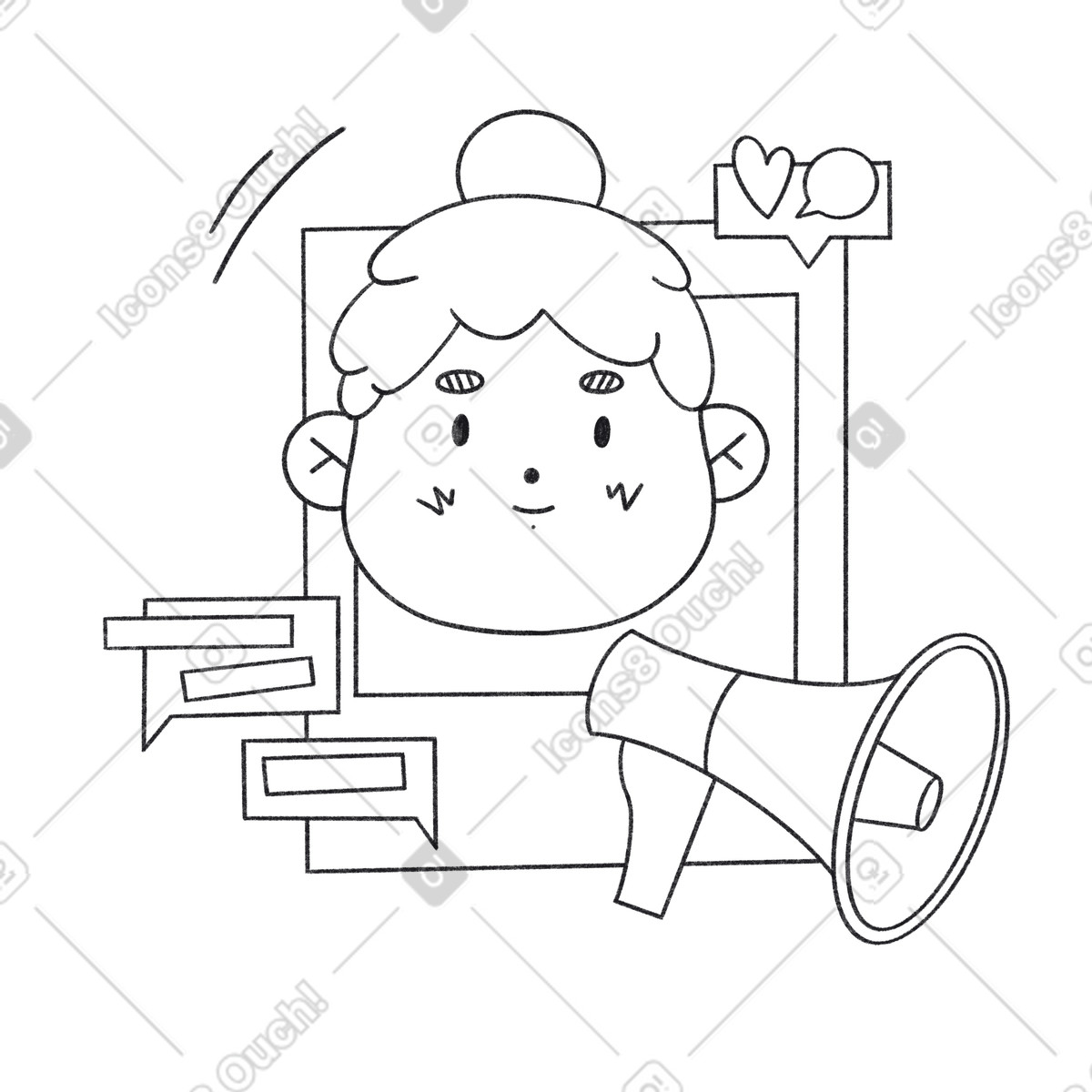 Ragazza con altoparlante che fa un annuncio usando i social network per promuovere illustrazione in stile Bonbon Line scarica in PNG, SVG