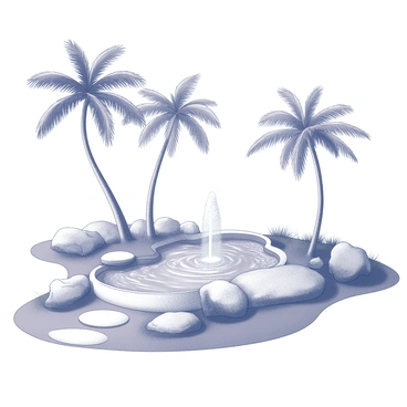 A garden oasis with several palm trees creating a lush environment. The palm trees are tall with slender trunks, their fronds swaying gently in the breeze. In the center of the garden, there are multiple water features, including a small pond with rippling water and a fountain that shoots water upwards, creating a soothing sound. Surrounding the pond, there are smooth stones and patches of grass, enhancing the natural beauty of the scene. A pathway made of stone winds through the garden, inviting guests to explore the serene surroundings.