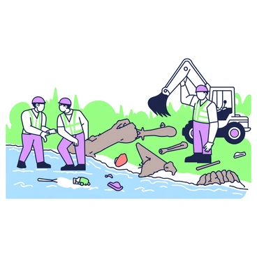 A group of workers is actively removing debris from a river. They are wearing safety vests and helmets for protection. One worker is using a shovel to lift a large piece of wood, while another is operating a small excavator to pull out larger debris. In the background, the riverbanks are lined with green vegetation, indicating a natural habitat. There are tools scattered around, including ropes and nets, as well as piles of debris collected along the water's edge. The river flows steadily, with small ripples visible on the surface.