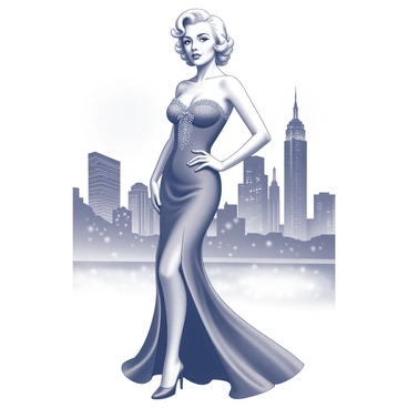 A figure of a woman resembling Marilyn Monroe is standing confidently. She is wearing a glamorous gown that features elegant draping and intricate beading. The dress accentuates her silhouette and flows elegantly to the ground. Her hair is styled in soft, classic waves that frame her face. In the background, a shimmering cityscape is visible, with tall buildings and lights that create a sense of vibrancy and energy. The overall scene captures the essence of Hollywood glamour and sophistication.