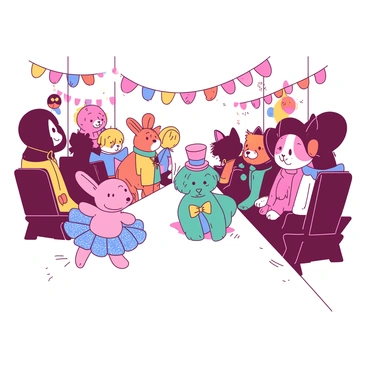 A whimsical pet fashion show featuring animals dressed in outfits from playful templates.