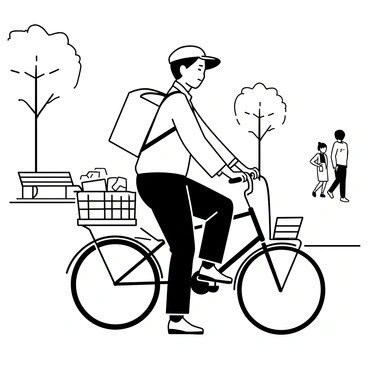 A mailman riding a bicycle through a park, with a focused expression on his face. He is wearing a postal uniform, complete with a cap and a satchel slung across his shoulder. The bicycle has a front basket filled with letters and packages, some visible peeking out of the top. The park features a path lined with trees on either side, with a few benches scattered along the way. In the background, a couple of people are strolling and enjoying the outdoors.