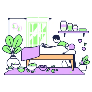 A serene ayurvedic healing room is filled with natural light. In the center, there is a wooden massage table covered with a white sheet. Surrounding the table, there are various bowls containing herbal treatments, with green leaves and delicate flowers scattered nearby. A practitioner is gently applying oil to a client's back, their hands poised in a calming position. On a nearby shelf, several glass jars filled with dried herbs and spices are neatly arranged. Soft, plush cushions are placed in the corner, and a small indoor plant adds a touch of nature to the atmosphere.