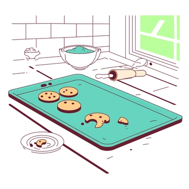 A bright kitchen with a white countertop is filled with natural light coming through a window. On the countertop, there is a teal tray with five freshly baked cookies arranged neatly. Three of the cookies are missing, leaving only two on the tray, emphasizing the fraction "5/3." In the background, there is a bowl of cookie dough and a rolling pin, adding to the atmosphere of baking. A small white plate sits beside the tray, holding a few chocolate chip crumbs.