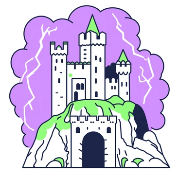 A towering ancient castle sits atop a steep cliff, its stone walls weathered by time. The castle features tall, narrow towers with pointed roofs that reach into the sky. A large arched entrance is visible at the base, flanked by smaller windows that dot the facade. In the background, a stormy sky looms ominously, filled with dark, swirling clouds. Bright flashes of lightning illuminate the scene, casting a dramatic glow across the castle's silhouette. The cliff is rugged and rocky, with patches of grass clinging to its face.