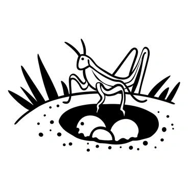 A close-up view of a grasshopper positioned at the edge of a small hole in the soil, surrounded by fine granules of dirt. The grasshopper's body is detailed with intricate patterns on its exoskeleton. Small, round eggs are neatly deposited inside the hole, partially covered by loose soil. Surrounding the scene are blades of grass, gently bending in the breeze, adding to the natural setting.