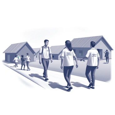 A group of representatives from Sanchay Plus is walking towards a rural village. They are carrying bags filled with banking materials and portable devices. The village scene features simple thatched-roof houses in the background with a dirt path leading to them. Villagers are gathered around, showing curiosity as they observe the representatives. A few villagers are interacting with the representatives, discussing financial services. The atmosphere conveys a sense of community engagement and support as the representatives aim to provide banking services to the village.