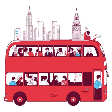 A red double-decker bus is filled with excited tourists. On the upper deck, a diverse group of people are gathered around a small circular table, engaged in a trivia game. Each person has a colorful answer card in hand, and some are eagerly raising their hands to answer questions. In the background, prominent city landmarks can be seen through the bus windows, including a tall iconic skyscraper and a historic clock tower. The atmosphere is lively, with a mix of laughter and friendly competition among the tourists as they enjoy the unique experience.
