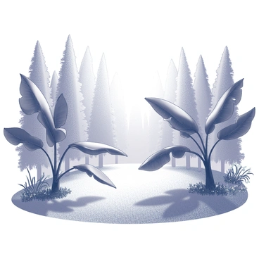 A sunlit glade surrounded by tall trees, creating a natural clearing. In the center, large banana leaves are prominently displayed, gently swaying as they are moved by the breeze. The ground is covered with soft grass and scattered with small, delicate wildflowers. The sunlight filters through the canopy, casting intricate shadows on the foliage and ground. A sense of calmness pervades the scene, inviting tranquility and appreciation of nature.