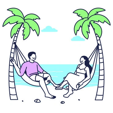 A couple is lounging in hammocks strung between two tall palm trees on a tropical island beach. The man is wearing a light blue shirt and shorts, while the woman is dressed in a flowing white sundress. Both are smiling and enjoying the warm sun. The hammocks are made of woven material, gently swaying in the breeze. In the background, there are sandy shores and a clear blue ocean stretching towards the horizon. A few seashells are scattered on the sand near the base of the palm trees. Above, the sky is clear with a few fluffy clouds.
