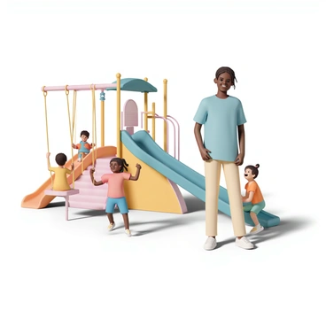 A nanny, wearing a light blue shirt, beige pants, and white sneakers, is standing next to a playground. She has her hair tied back in a ponytail and is smiling as she supervises a group of children. Two children are on swings, one is a boy with a red shirt and blue shorts swinging back and forth, while the other is a girl in a yellow dress, laughing as she swings high. Nearby, another child is climbing up a colorful slide, wearing an orange shirt and green shorts. The playground features bright, vibrant colors with multiple slides, swings, and climbing structures. The ground is covered with soft, cushioned material, ensuring a safe play area.