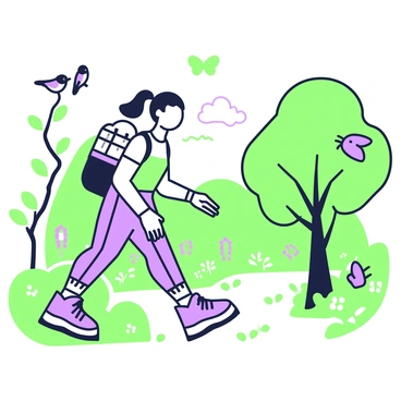 A person is walking on a scenic trail surrounded by lush greenery and a variety of trees. They are wearing a comfortable hiking outfit, including sturdy shoes and a backpack. As they walk, they are looking at a group of small birds perched on a nearby branch. In the background, there are colorful wildflowers along the trail, and a butterfly is fluttering nearby. The sky is clear, and the sunlight filters through the leaves, casting dappled shadows on the ground.