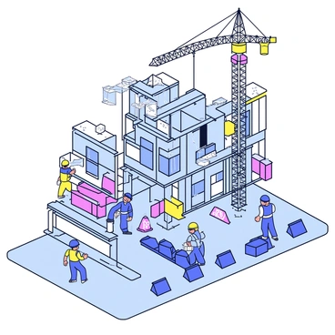 A building site showing the stages of construction from ground up
