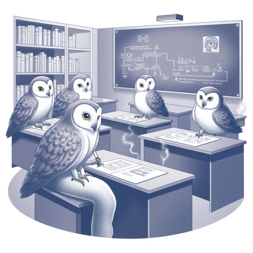 A group of owls gathered in a grand classroom, filled with wooden desks and shelves lined with ancient tomes. The owls, each with unique feather patterns and sizes, are perched on their respective desks, focused on their tasks. One owl is holding a quill with its talons, writing in a large parchment scroll with intricate symbols. Another owl is stirring a pot filled with a bubbling potion, wisps of steam rising into the air. The atmosphere is lively, with animated discussions among the owls about various spells. A blackboard in the background displays complex diagrams and instructions on spellcasting. The room is illuminated by floating lanterns that cast soft shadows around the scene.