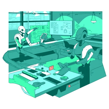 A teal futuristic factory filled with robots working efficiently to assemble various gadgets. The robots are designed with sleek, metallic surfaces, and they are actively using their robotic arms to piece together colorful components. In the background, there are conveyor belts transporting parts, while large screens display schematics and assembly instructions. The factory is illuminated with bright lights, enhancing the vibrant atmosphere of technology and innovation.