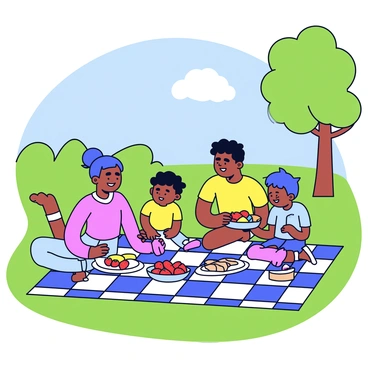 A picnic scene set in a green park. A large checkered blanket is spread across the grass. On the blanket, there are various dishes laid out, including sandwiches, fruit, and colorful snacks. A family of four is sitting on the blanket. The parents are smiling at their two children, who are playfully reaching for a bowl of strawberries. In the background, there are trees providing shade and a bright blue sky above.