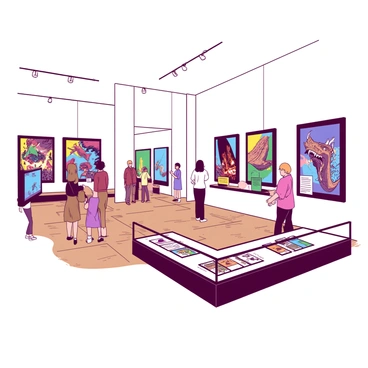 An art gallery showcasing original illustrations from a trading card series