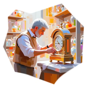 An antique shop is filled with an array of vintage trinkets and collectibles. Shelves are lined with ornate porcelain figurines, leather-bound books, and an assortment of delicate glassware. In the foreground, a merchant with short, graying hair and wearing a brown vest is focused on polishing an old clock with intricate engravings. The clock, made of brass and adorned with decorative patterns, reflects the warm light of the shop. The merchant's hands are carefully wiping away dust, highlighting the clock's antique beauty.