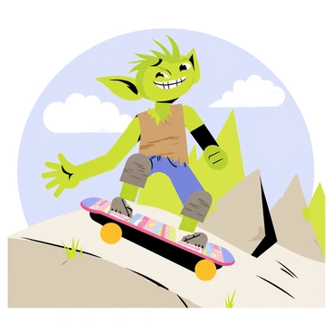 A small green goblin with large ears and a playful grin is skateboarding down a rocky hill. The goblin wears a tattered brown vest and mismatched knee pads. The skateboard is colorful, with vibrant designs on the underside. Jagged rocks and patches of grass are scattered along the sides of the hill. In the background, a blue sky is visible with fluffy white clouds. The goblin’s hair is wild, and it is catching the wind as it gains speed on the skateboard.