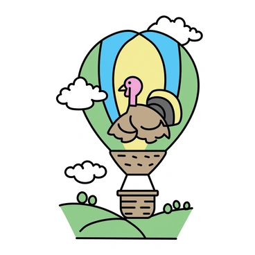 A turkey, with vibrant feathers in shades of red, gold, and brown, is sitting in a woven basket of a hot air balloon. The balloon is multicolored, featuring stripes of blue, green, and yellow. Below, there are rolling hills and patches of green fields, interspersed with clusters of trees. A clear blue sky stretches above, dotted with fluffy white clouds. The turkey appears content, looking out at the breathtaking landscape beneath it.