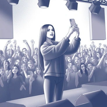 Billie Eilish is standing on stage in front of a large audience at a concert venue. She is smiling and holding her smartphone at arm's length to capture a selfie. Behind her, enthusiastic fans are waving and cheering, their faces filled with excitement. The stage is equipped with dramatic lighting and speakers, adding to the vibrant atmosphere of the event. Billie's signature style is visible as she wears her distinctive outfit, which includes oversized clothing and accessories that reflect her personality. The scene captures the energy of a live performance and the connection between the artist and her fans.