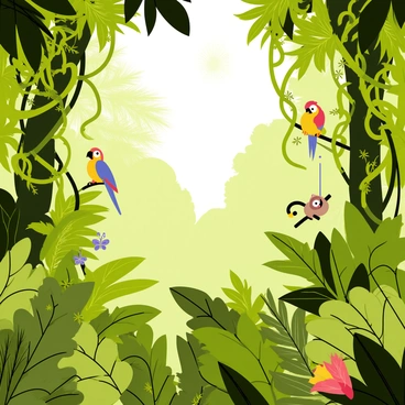 A dense jungle scene filled with lush green foliage. Thick, tangled vines hang from towering trees, creating a natural canopy above. Sunlight filters through the leaves, casting dappled shadows on the ground. A variety of wildlife can be seen among the plants, including a colorful parrot perched on a branch and a small monkey swinging from vine to vine. Hidden insects and a vibrant butterfly are also present, blending into the rich greenery. An atmosphere of vibrant life and biodiversity permeates the scene.