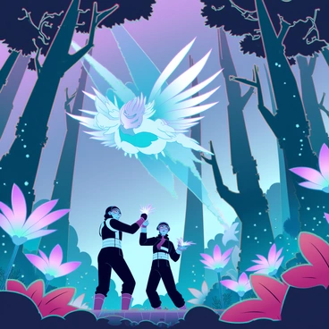 A dramatic scene unfolds in a vibrant fantasy forest, filled with towering, bioluminescent trees and thick, colorful foliage. In the foreground, two members of Team Rocket, dressed in their signature black and white outfits, are depicted attempting to capture a rare, mystical creature. The creature is an ethereal being with shimmering scales and large, luminous wings, surrounded by a soft, radiant glow. The background features diverse magical flora, including oversized flowers and shimmering plants that emit a gentle light. Team Rocket is using a high-tech capturing device that emits beams of light towards the creature, while the forest is alive with magical energy.