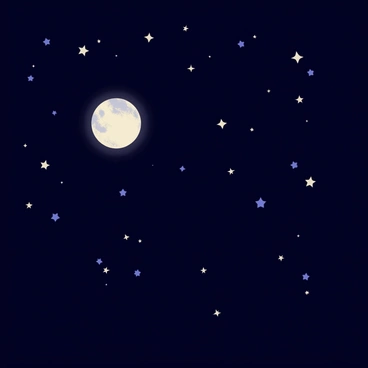 A night sky filled with "vivid, twinkling stars" scattered across the dark canvas above. A "bright full moon" shines prominently in the center, casting a soft glow. The stars vary in size, and some have a slight sparkle effect, enhancing their twinkling appearance. The overall scene is calm and captivating, showcasing the beauty of the night.