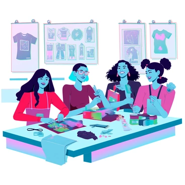A group of four friends is gathered in a well-lit workshop filled with vibrant colors and various materials. Two friends with dark hair and glasses are sitting at a table, focused on sewing together pieces of fabric made from recycled materials. One friend has bright blue hair and is cutting out patterns from an old colorful t-shirt, while the other has curly hair and is gluing decorations onto a canvas bag. Scattered around them are spools of thread, scissors, and a collection of fabric scraps. The walls are adorned with posters of fashion designs made from recycled materials, creating an inspiring atmosphere. All friends are smiling and laughing, enjoying the creative process together.