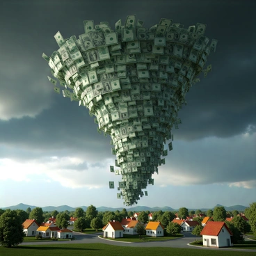 A tornado made of swirling dollar bills and credit cards, with various denominations of currency clearly visible. The tornado extends downward from a dark sky filled with storm clouds, creating a dramatic contrast. In the foreground, a small town with quaint houses and a few trees is visible, with the tornado ominously drawing closer. The houses have brightly colored rooftops and the streets are empty, suggesting a sense of urgency and concern among the townspeople as they watch the approaching storm.