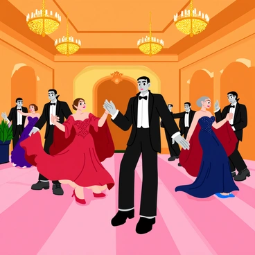A grand ballroom with high, ornate ceilings and glittering chandeliers hanging overhead. The floor is made of polished marble, reflecting the warm light from the chandeliers. Elegantly dressed vampires are dancing gracefully, wearing lavish costumes adorned with intricate details. Some vampires wear long, flowing capes in deep reds and blacks, while others are in elegant gowns and suits embellished with sequins. The atmosphere is filled with an air of mystery as the vampires' pale faces contrast with their dark attire, and their eyes gleam with an unnatural glow. Shadows play along the walls, adding to the enchanting ambiance of the scene.