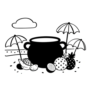 A large, black cauldron sits on a sandy beach, surrounded by various tropical fruits like pineapples, coconuts, and bananas. Several colorful umbrellas are positioned around the cauldron, their canopies providing shade. The texture of the sandy beach is visible, with small grains and footprints scattered throughout. In the distance, gentle waves lapping at the shore add to the beach scene.