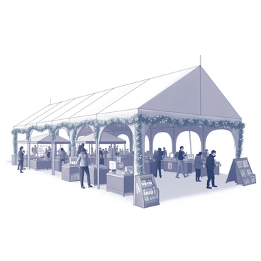 A large marquee at a Christmas market. The structure is adorned with "twinkling lights" strung across the top and hanging down the sides. "Festive decorations" such as garlands and wreaths are placed around the entrance. Numerous shoppers can be seen interacting with vendor stalls, browsing various items and enjoying the holiday atmosphere. The ground is covered with "a light dusting of snow," adding to the festive scene.