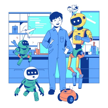 An operator wearing a blue jumpsuit is standing in the center of a workshop. Surrounding the operator are four friendly mechanical companions, each with unique designs. One companion is a small teal robot with large, expressive eyes, holding a wrench in its tiny hands. Another is a tall yellow robot with a wide smile, equipped with various tools attached to its waist. A circular white robot with a propeller on top is hovering just above the ground, while a compact orange robot with legs is playfully rolling around the operator's feet. The workshop is filled with gadgetry, tools, and bright lights, creating a vibrant scene of collaboration.