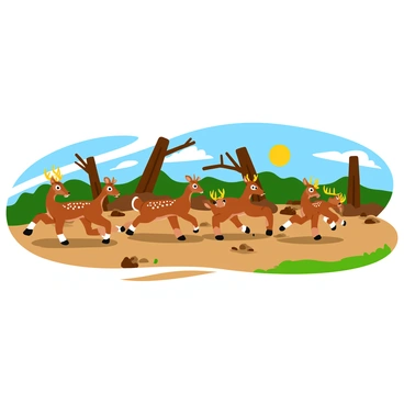 A group of five deer with brown fur and white spots is running away from a deforested area. Their legs are in mid-stride, creating a dynamic sense of movement. The background features several fallen trees, with exposed roots and broken branches scattered across the ground. The ground is a mix of dirt and patches of grass, showing signs of disturbance. The sky above is clear, allowing bright sunlight to illuminate the scene, casting soft shadows on the ground.