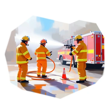 A training session featuring several new recruits wearing bright yellow firefighter gear as they practice using a fire hose. The recruits are positioned in a training yard, with one recruit holding the nozzle of the fire hose, aiming it at a target. Another recruit is assisting, ensuring the hose is properly set up. The scene includes a fire truck in the background and a few training cones scattered on the ground. Sunlight casts shadows, highlighting the focus and determination on the recruits' faces.