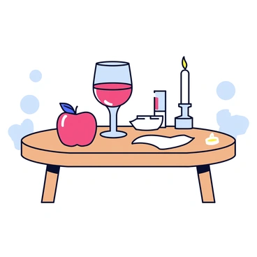 A wooden table set for a cozy dinner, adorned with a simple white tablecloth. On the table, there is a tall glass of red wine, filled to the brim, reflecting light. Beside the glass, there is a shiny red apple, perfectly round and vibrant. The setting includes minimalist decorative elements, such as a small candle in a glass holder, casting a warm glow. The background features soft silhouettes of a dining room with gentle lighting.