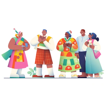 A group of five people of different ethnic backgrounds is gathered in a bright outdoor setting. On the left, a woman wearing a colorful sari is handing a beautifully wrapped gift to a man in a kilt, who has a warm smile on his face. Next to them, a man in traditional Japanese attire is presenting a small, ornate box to a woman in a vibrant African dress, who looks delighted. To the right, a woman in a Mexican folk dress is holding a traditional hand-painted pottery piece, ready to exchange it with a gentleman in a crisp white shirt. The scene is lively, filled with expressions of joy and cultural appreciation, with decorative elements and natural greenery surrounding them.