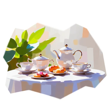 A sophisticated tea party featuring an elegant arrangement of cups and saucers crafted from various types of beans. The table is set with decorative bean-based tableware, showcasing intricate patterns and textures. Small delicate pastries and elegantly arranged snacks are placed around the cups, enhancing the visual feast. Lush green foliage serves as a backdrop, adding a refreshing touch to the table setting. A soft, natural light illuminates the scene, highlighting the unique bean creations.