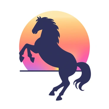 A silhouette of a bucking horse is positioned in the center of the image, its body arched dramatically as it kicks up its hind legs. The horse is depicted in profile, showcasing its powerful muscles and flowing mane. Behind the horse, a vibrant sunset fills the sky with shades of orange, pink, and purple, creating a striking backdrop. The horizon is slightly visible, with soft gradients blending seamlessly into the sky, enhancing the dynamic pose of the horse. The scene captures the energy and motion of the horse against the colorful display of the setting sun.