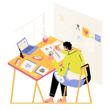 A designer sitting at a large wooden desk is focused on creating a bespoke logo. The desk is cluttered with colorful markers, sketch pads, and a laptop displaying graphics software. The designer is holding a pencil, sketching illustrative elements that include a stylized tree and a unique geometric shape. Bright light streams in through a nearby window, illuminating the workspace. On the wall behind, there are various art sketches and inspirational designs pinned up, showcasing the creative atmosphere.