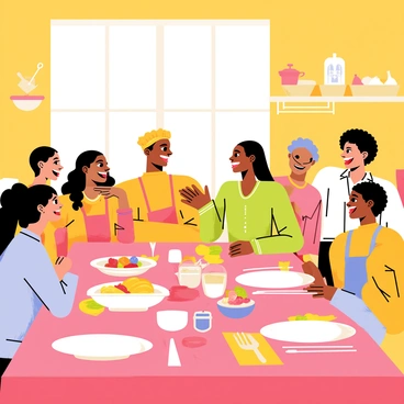 A kitchen filled with warm light and vibrant colors. A beautifully set dining table is at the center, adorned with a checkered tablecloth in red and white. There are elegant plates, sparkling glasses, and colorful napkins neatly arranged. A diverse group of friends, with various hairstyles and clothing styles, are gathered around the table, laughing and enjoying each other's company. Fresh dishes filled with fruits and various cuisines are placed on the table, adding to the festive atmosphere. In the background, kitchen utensils and ingredients are visible, enhancing the lively dinner party setting.