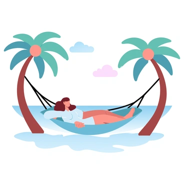 A hammock is suspended between two palm trees, gently swaying under the warm sun. A person is lying comfortably in the hammock, wearing a light, casual outfit. The person has their arms relaxed at their sides. The ocean is visible in the background, with soft waves lapping against the shore. The sky above is a gradient of pastel colors, transitioning from soft pink to light blue. A few fluffy clouds float above, completing the tranquil scene.
