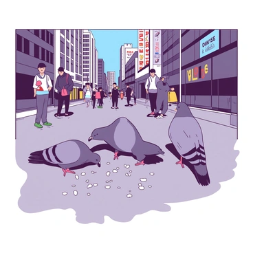 A group of gray pigeons is pecking at small white breadcrumbs scattered on a busy city sidewalk. The sidewalk is made of gray concrete, and there are various colorful shoes and bags belonging to pedestrians walking by. In the background, tall buildings can be seen, with some featuring bright advertisements and windows reflecting sunlight. The pigeons are interacting with each other, some bobbing their heads while others focus on the breadcrumbs. A few crumbs are also visible in the beaks of the pigeons.