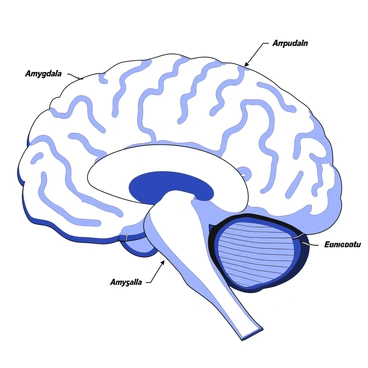 An illustrated diagram of the human brain highlighting the location of the amygdala in vibrant colors.